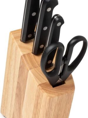 Arcos Conjunto Cuchillos 4 piezas (3 Cuchillos + 1 tijeras). Acero Inoxidable y Hoja mm. 1670 gr. Bloque madera pino. Mango ergonómico polioximetileno POM. Serie Universal. Mayor control. Color negro.