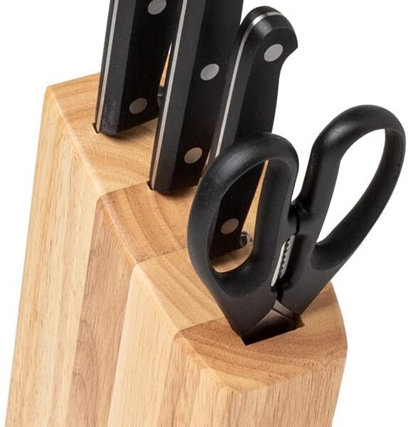 Arcos Conjunto Cuchillos 4 piezas (3 Cuchillos + 1 tijeras). Acero Inoxidable y Hoja mm. 1670 gr. Bloque madera pino. Mango ergonómico polioximetileno POM. Serie Universal. Mayor control. Color negro.