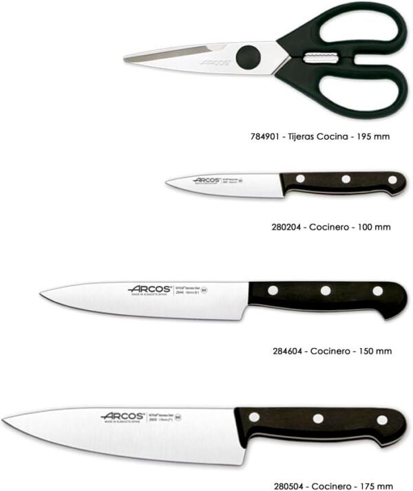 Arcos Conjunto Cuchillos 4 piezas (3 Cuchillos + 1 tijeras). Acero Inoxidable y Hoja mm. 1670 gr. Bloque madera pino. Mango ergonómico polioximetileno POM. Serie Universal. Mayor control. Color negro.